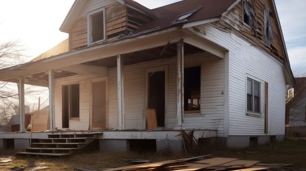 Neglected typical american property with overgrown grass - a real estate investing concept of properties needing work, TLC, renovating. Arbitrage and house flipping.