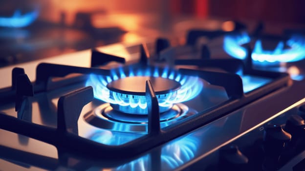 Close up shot of blue fire from domestic kitchen stove top. Gas cooker with burning flames of propane gas. Gas supply chain and news.