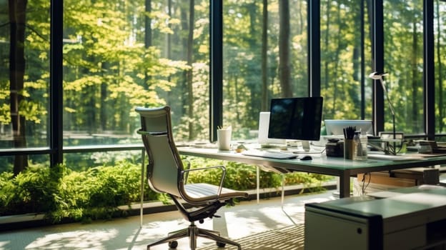 Modern corporate office open space with forest outside the window. Calming and productive workspace for modern lifestyle. Website background.