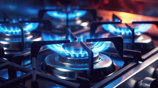 Close up shot of blue fire from domestic kitchen stove top. Gas cooker with burning flames of propane gas. Gas supply chain and news.
