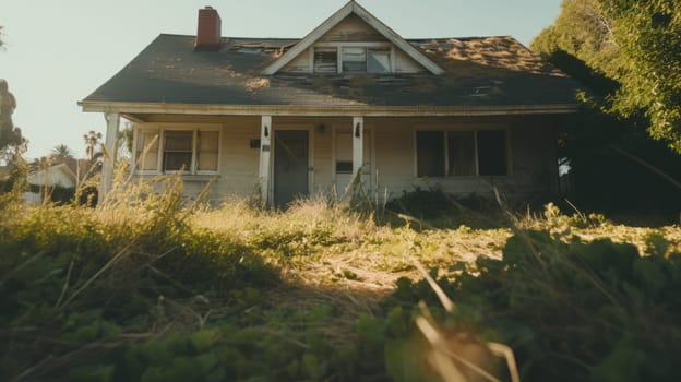 Neglected typical american property with overgrown grass - a real estate investing concept of properties needing work, TLC, renovating. Arbitrage and house flipping.