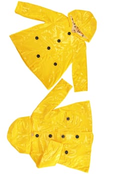Rain jacket. Collage set of elegant yellow rain jacket in two views isolated on a white background. Girls fashion for rain season.