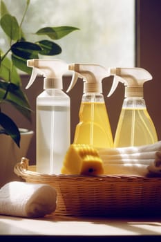 Brushes, sponges, gloves and natural cleaning products in the basket. Eco-friendly cleaning products