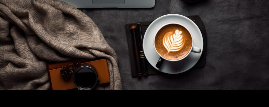 top view of coffee on elegant wood and cloth. Latte coffee