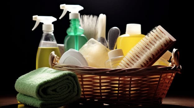 Brushes, sponges, gloves and natural cleaning products in the basket. Eco-friendly cleaning products