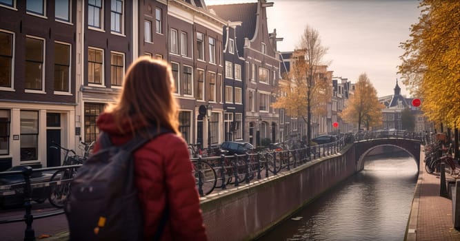 Young female tourist backpacker travelling aroung the world. Travel Destination - Amsterdam