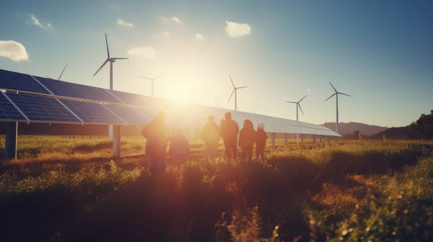 Wind turbine energy genetrators and solar panels. Clear skies and evening sun.