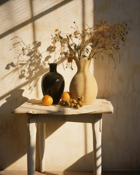 Composition in the sun's rays, dry plants and fruits.