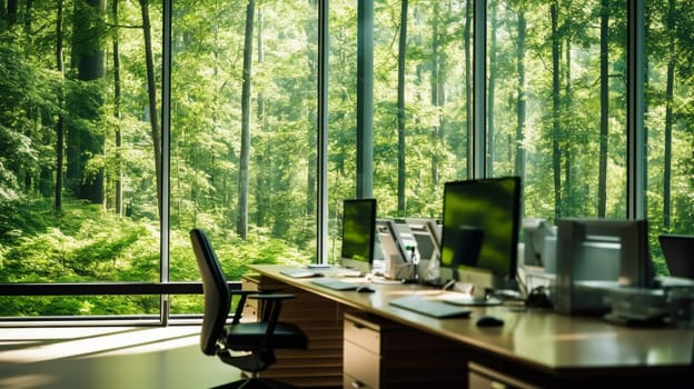 Modern corporate office open space with forest outside the window. Calming and productive workspace for modern lifestyle. Website background.