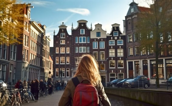 Young female tourist backpacker travelling aroung the world. Travel Destination - Amsterdam