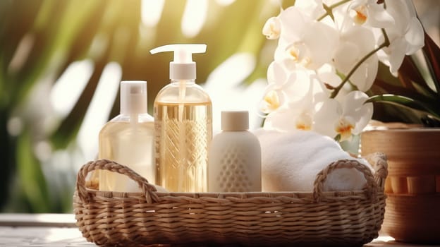 Brushes, sponges, gloves and natural cleaning products in the basket. Eco-friendly cleaning products