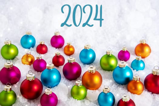 Text 2024, On White Snow, With Many Colorful Christmas Balls, Winter Background