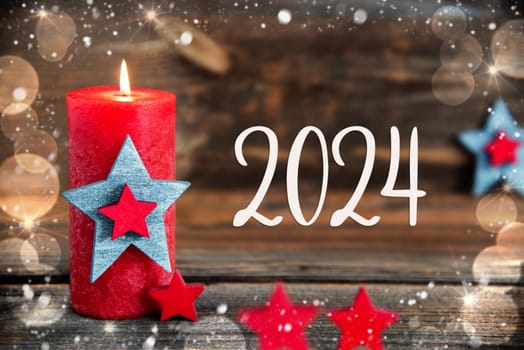 Text 2024, On A Wooden Background, With Red Candle, Festive Winter Decor, Christmas, Snow