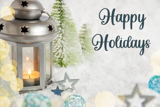 Text Happy Holidays, Christmas Lantern In The Snow, With Winter Decoration, Trees And Stars