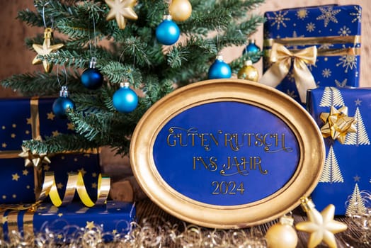 Golden Frame With German Text Guten Rutsch Ins Jahr 2024, Means Happy New Year 2024 In English, Golden, Blue Christmas Decoration, Christmas Tree, Winter Background