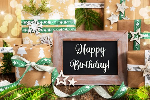 Text Happy Birthday, Green Winter Decor, Sustainable Christmas Background