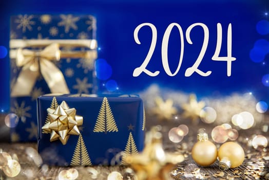 Text 2024, Golden Blue Shiny Christmas Decor, Winter Background