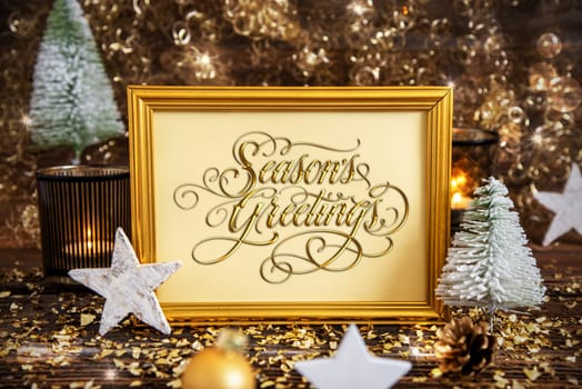 Golden Frame With Text Seasons Greetings, Golden And Glittering Christmas Decoration, Winter Background