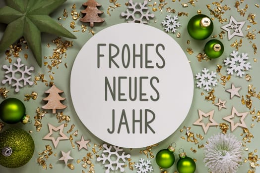 German Text Frohes Neues Jahr, Means Happy New Year In English, With Green Christmas Decoration, Winter Decor, Festive Background Flatlay