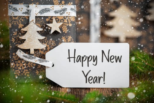 Text Happy New Year, On A Label, Christmas Gifts, Eco Friendly Winter Decor With Snowfall
