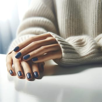 Woman's hands showcasing shimmering deep blue nails. Created using AI Generated technology and image editing software.