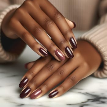 Black woman's manicured burgundy nails on marble. Created using AI Generated technology and image editing software.