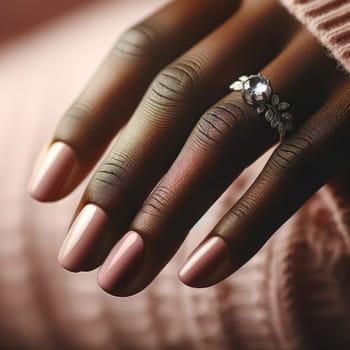 Black hand showcasing salmon pink nails with gem. Created using AI Generated technology and image editing software.
