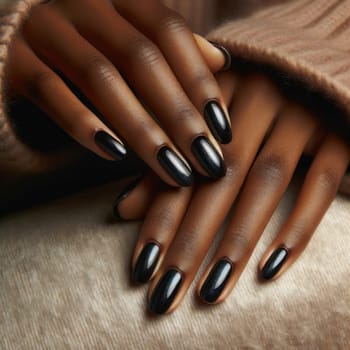 Black woman's hand showcasing manicured nails. Created using AI Generated technology and image editing software.