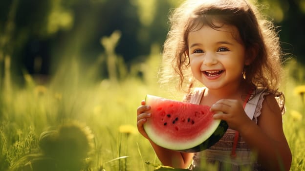 Joyful Child Sitting Outdoors, Eating Fresh Watermelon and Smiling. Artificial art