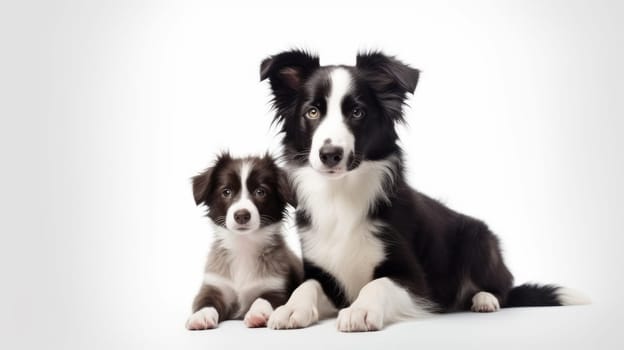 Black and white Border Collie with puppy isolated on bright background. Artificla art