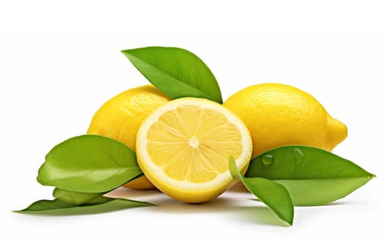 Beutiful fresh lemon fruits with leaves isolated on white background. artificial art