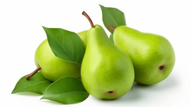 Fresh Pears with green leaves isolated on white background. artificial art