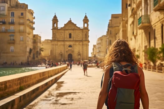 Young female tourist backpacker travelling aroung the world. Travel Destination - St. Julians, Malta