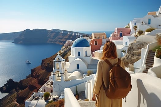 Young female tourist backpacker travelling aroung the world. Travel Destination - Santorini, Greece