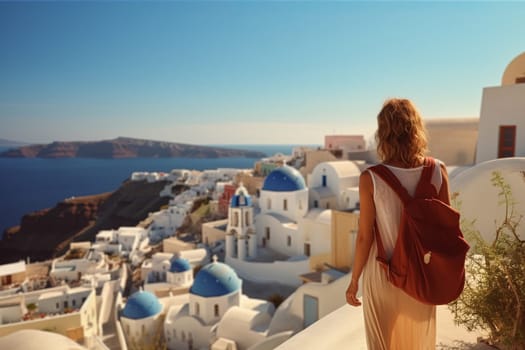 Young female tourist backpacker travelling aroung the world. Travel Destination - Santorini, Greece