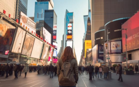 Young female tourist backpacker travelling aroung the world. Travel Destination - New York, USA