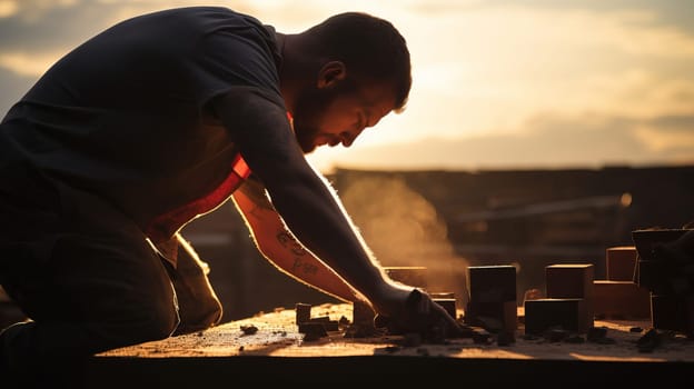 Silhouette construction mason worker bricklayer, construction worker laying bricks and building barbecue in industrial site.