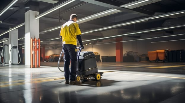 Cleaning staff at airport terminal hall.