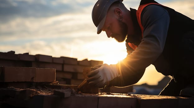 Silhouette construction mason worker bricklayer, construction worker laying bricks and building barbecue in industrial site.