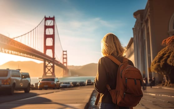 Young female tourist backpacker travelling aroung the world. Travel Destination - San Francisco, California, USA