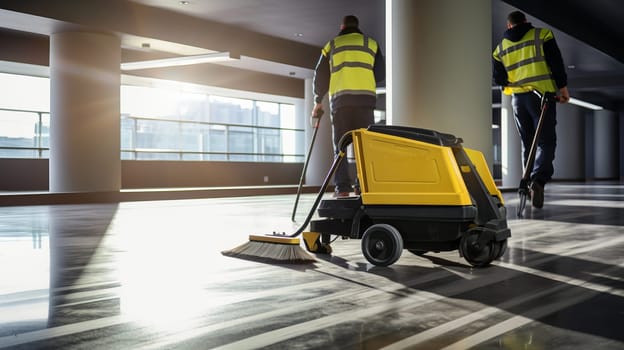 Cleaning staff at airport terminal hall.