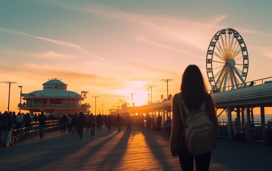 Young female tourist backpacker travelling aroung the world. Travel Destination - Santa Monica, Los Angeles, California, USA.