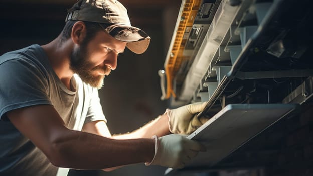 Electrician repairing air conditioner indoors