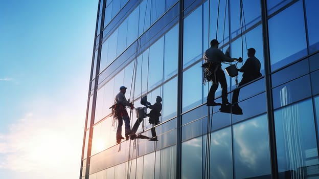 Male worker at height. safety inspection or cleaning services.