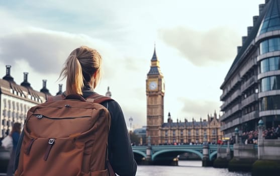 Young female tourist backpacker travelling aroung the world. Travel Destination - London, Great Britain