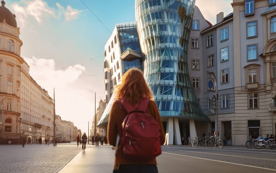 Young female tourist backpacker travelling aroung the world. Travel Destination - Prague, Czech Republic