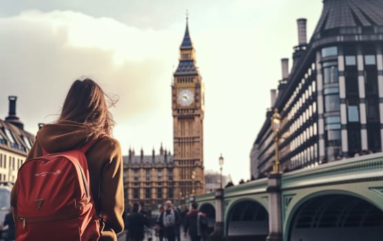 Young female tourist backpacker travelling aroung the world. Travel Destination - London, Great Britain