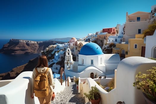 Young female tourist backpacker travelling aroung the world. Travel Destination - Santorini, Greece