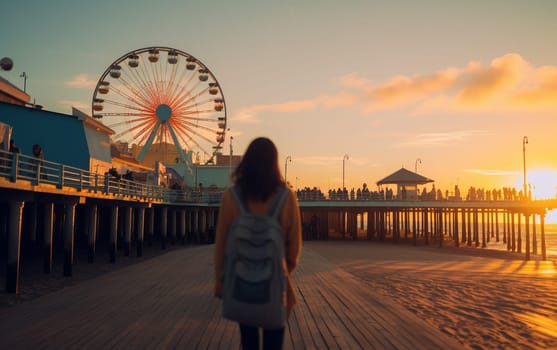 Young female tourist backpacker travelling aroung the world. Travel Destination - Santa Monica, Los Angeles, California, USA.