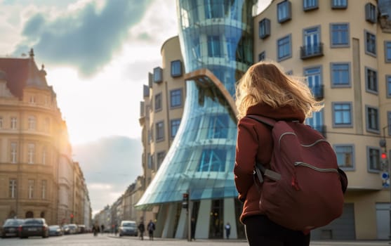 Young female tourist backpacker travelling aroung the world. Travel Destination - Prague, Czech Republic